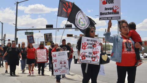 Indigenous families with loved ones who have gone missing or been murdered march in Farmington, New Mexico on May 5, 2023.