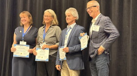 (L-r) Breeze Richardson, Executive Director of Aspen Public Radio; Tami Graham, Executive Director of KSUT Public Radio; Steve Zansberg, legal counsel representing the Colorado stations in the lawsuit, and Colorado Public Radio President Stewart Vanderwilt accept the Julie J. Boucher Community Honor Roll Award at a reception in Denver in September, 2026.