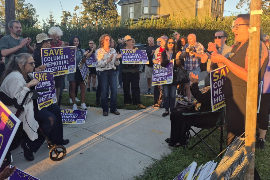 Community members and Columbia Memorial Hospital staffers gather for a protest in Hudson on Sept. 14, 2026.