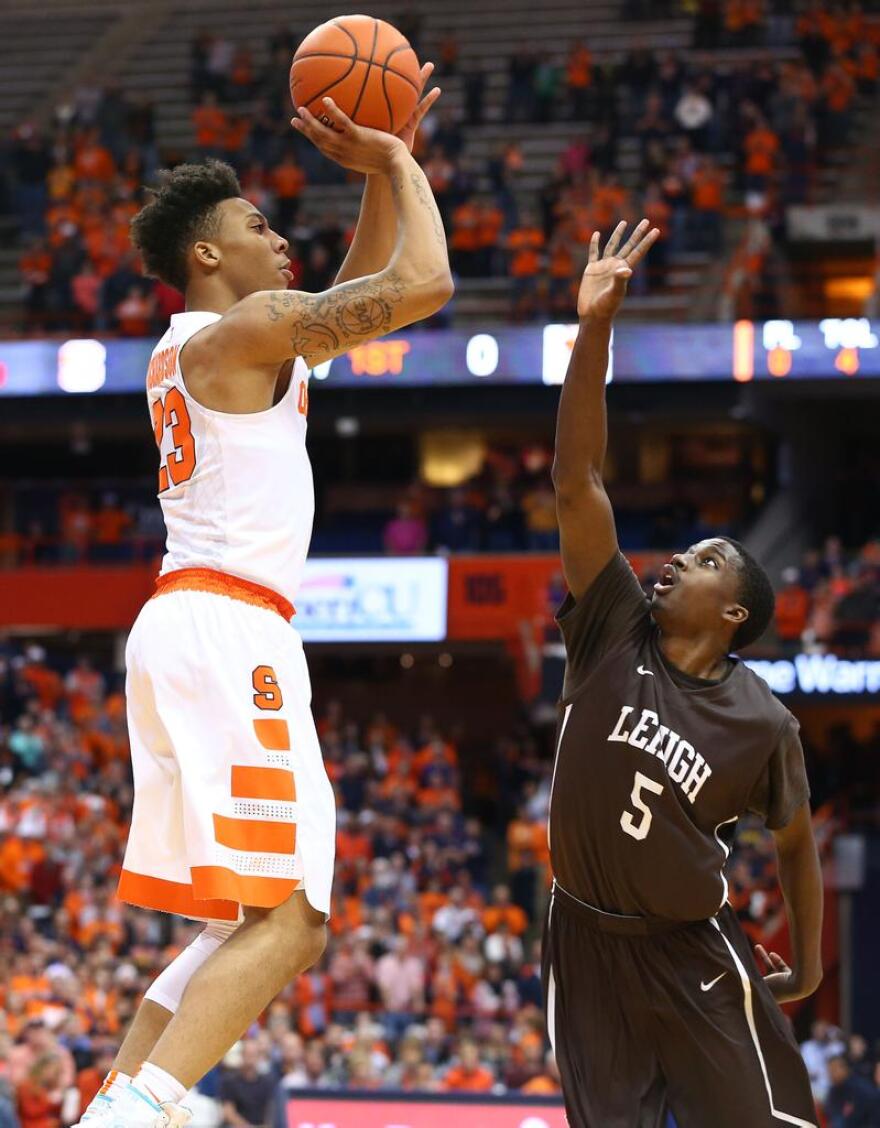 Syracuse's Malachi Richardson (#23, White) mid-shot attempt during a 57-47 win over Lehigh on November 13, 2015.