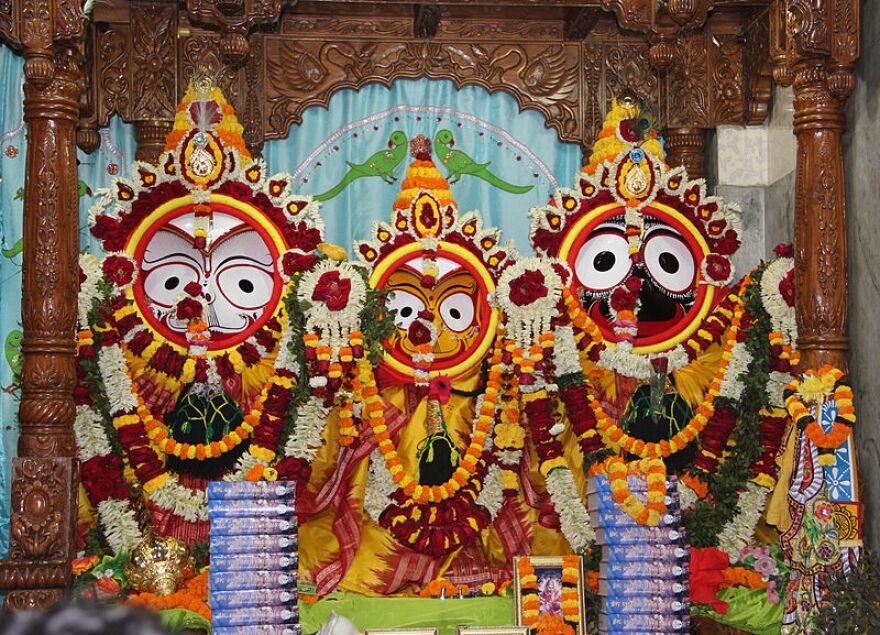 Balabhadra (left), Subhadra (center) and Lord Jagannath (right) on display at a temple in Bhubenswar, India.