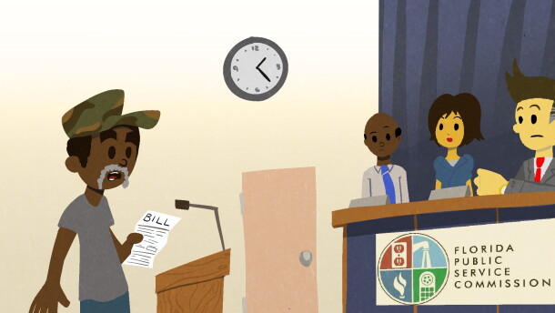 Illustration of African American man holding a bill speaking to a group of people who are on the Florida Public Service Commission 