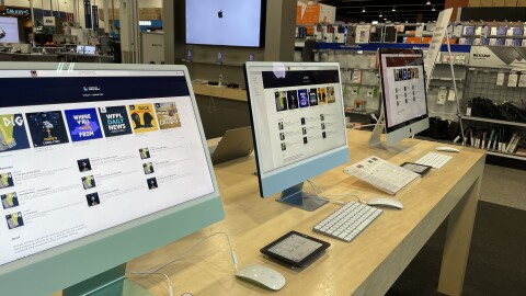 A row of computers displaying LPM podcast logos