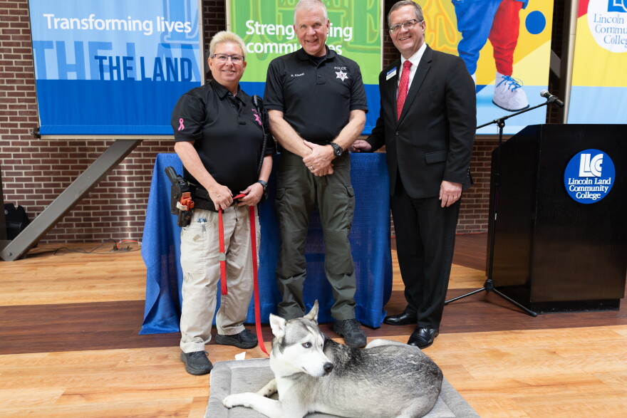 Everest with handlers, Officer Tammy Baehr, LLCC PD; Officer Kenny Kissel, LLCC PD; Dr. Curt Oldfield, LLCC President