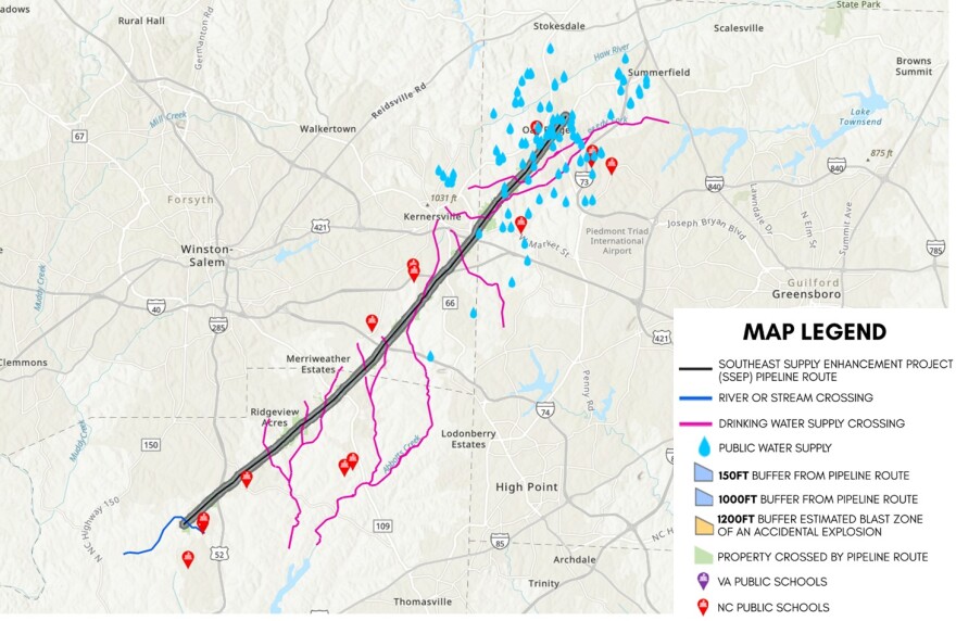 A screengrab from an interactive map provided by Clean Water for North Carolina. The graphic overlays the route of the proposed pipeline with drinking water supply crossings and river or stream crossings.