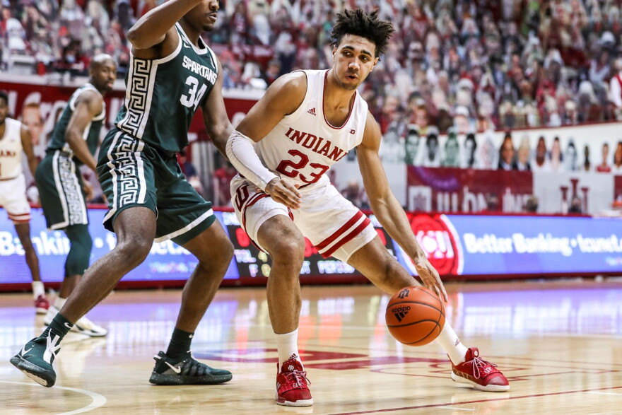Indiana's Trayce Jackson-Davis backs down Michigan State's Julius Marble during a game at Simon Skjodt Assembly Hall.