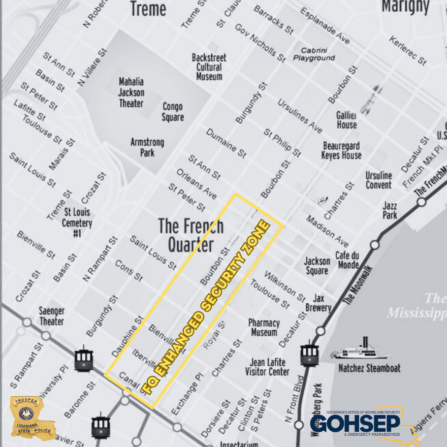 A map shows the “enhanced security zone” Gov. Jeff Landry has authorized for the busiest portion of the French Quarter ahead of Super Bowl LIX.