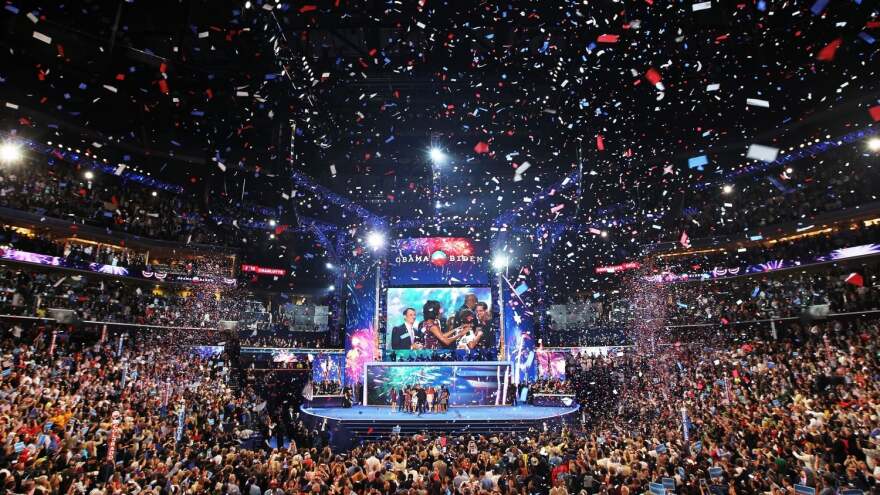 confetti drops at the Democratic National Convention