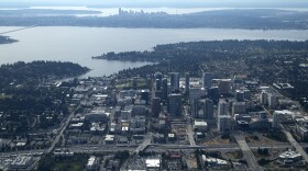 Bellevue and Seattle in the distance from Jeremy Noble's Cessna 182 airplane during his evening commute on Wednesday, August 23, 2017. 