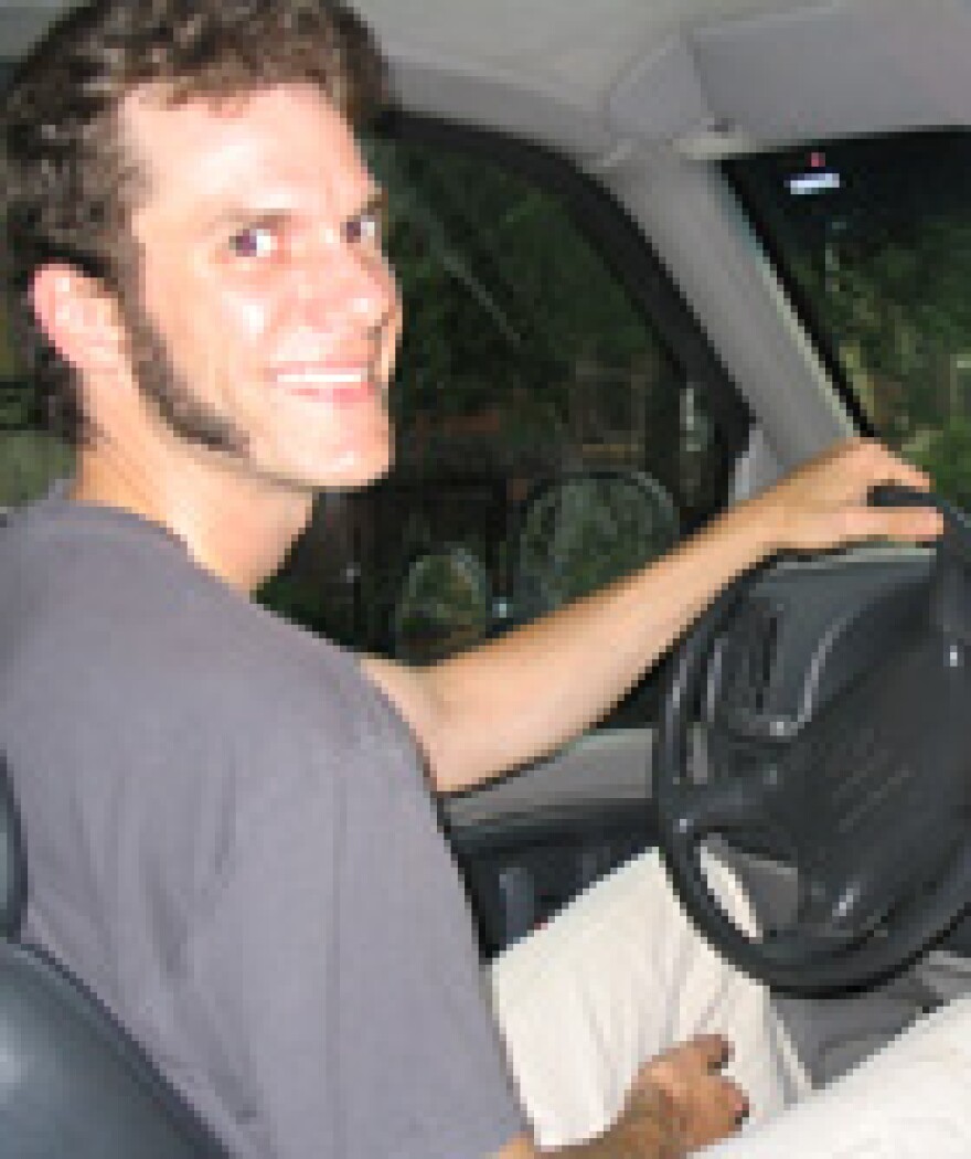 Patio Kings' percussionist Jon Moore at the wheel of the grease van.