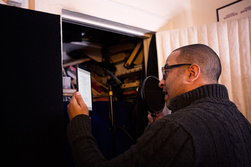 Mendez reads from a <em>Jane the Virgin </em>script in his bedroom recording studio. He records his voice-overs mostly from his home.