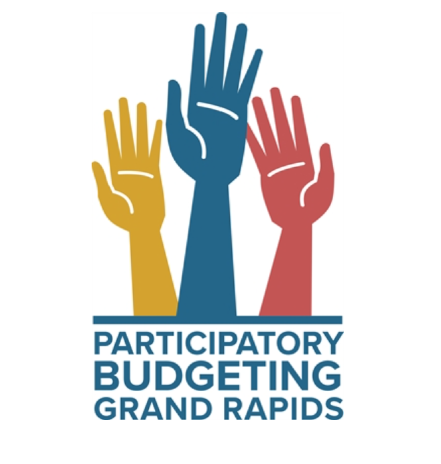 Yellow, blue and red hands with the words "Participatory Budgeting Grand Rapids" underneath