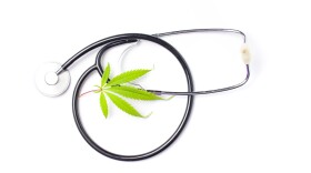 Photo illustration showing a marijuana leaf on top of a stethoscope.
