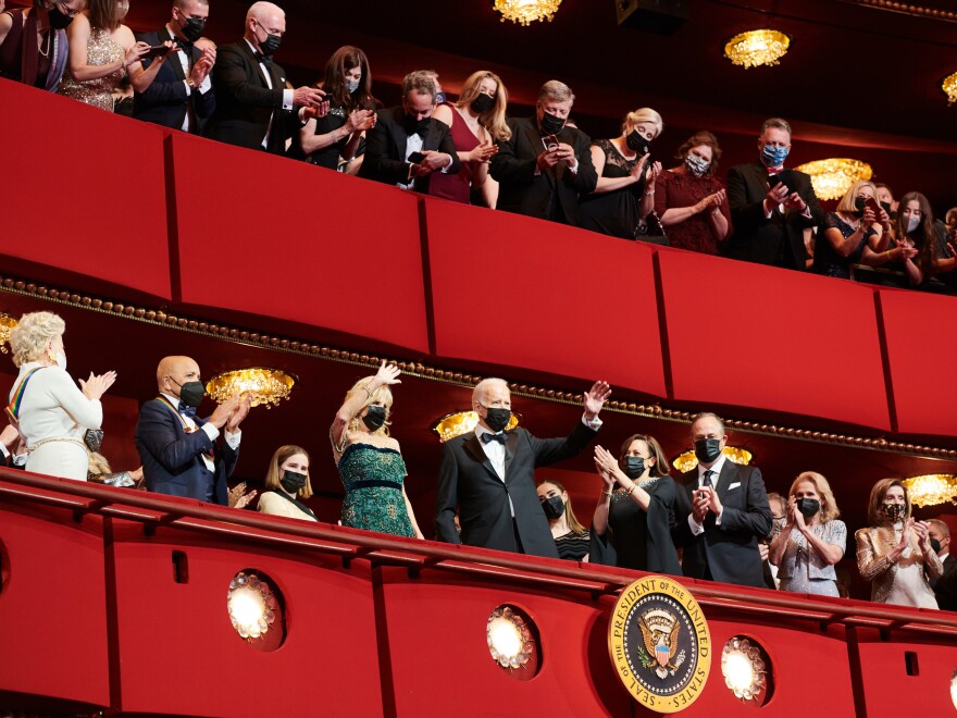 President Joe Biden, First Lady Jill Biden and Vice President Kamala Harris celebrate the 44th group of Kennedy Center honorees.