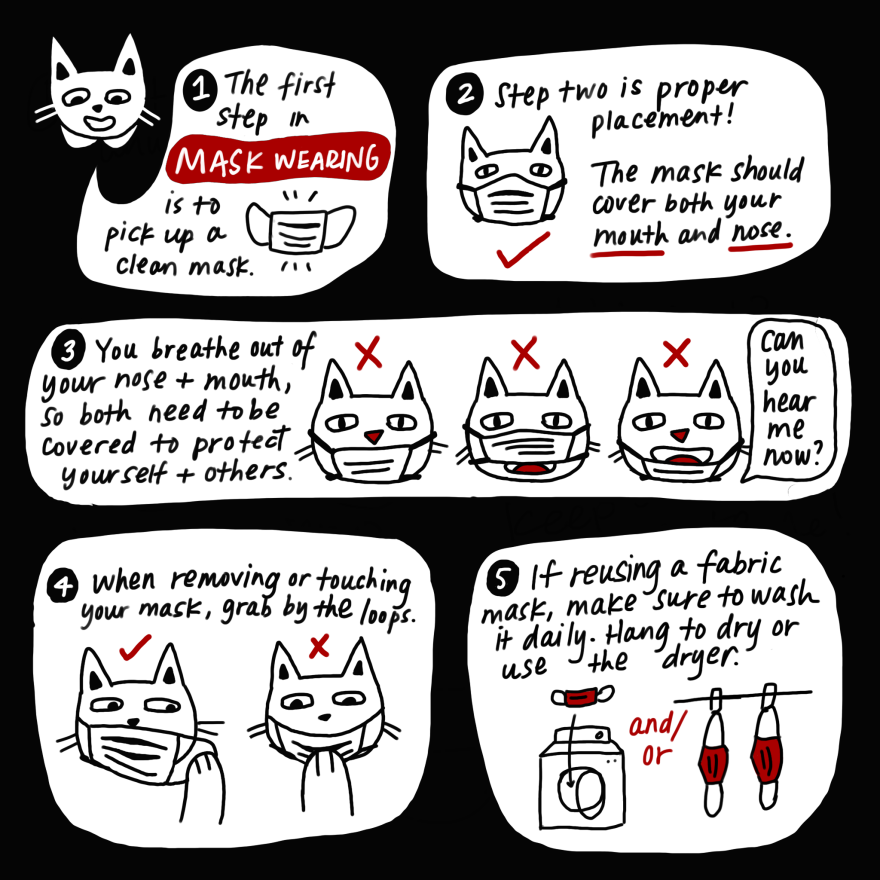 You breathe out of your nose and mouth, so both need to be covered at all times when wearing a mask to protect yourself and others. When removing a mask, grab by the loops. If reusing a fabric mask, make sure to wash it daily.