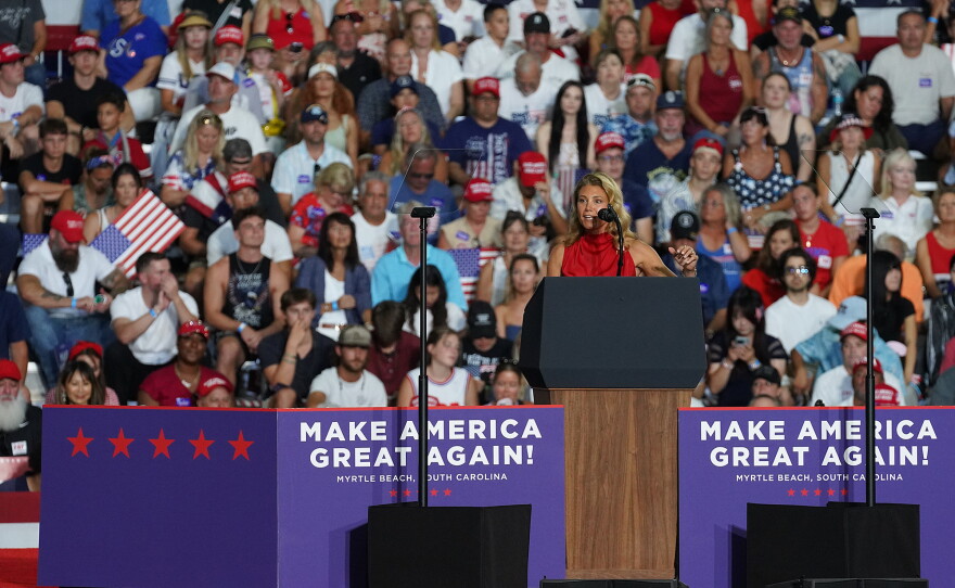 Charleston County Councilwoman and 1st Congressional District Republican nominee Jenny Costa Honecyutt speaks at the Trump rally with thousands of supporters at the Myrtle Beach Convention Center on Aug. 21, 2026.