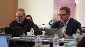 Kenai Peninsula Borough School District Board of Education President Zen Kelly (left) and Superintendent Clayton Holland (right) participate in a board work session on Tuesday, Feb. 4, 2025 in Soldotna, Alaska.