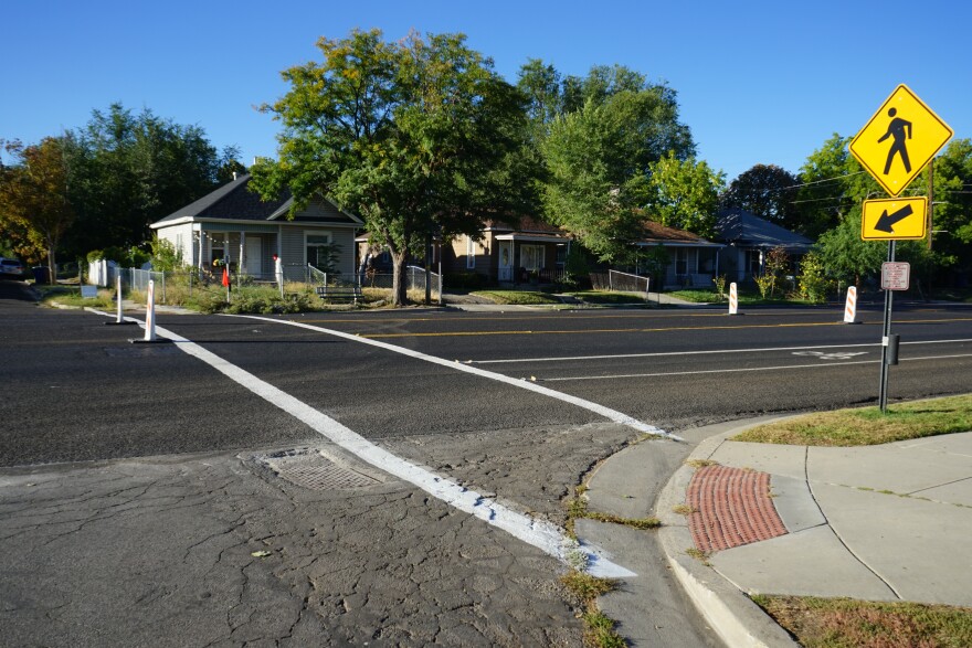 A photo of the newly painted crosswalk. 