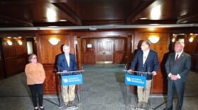 U.S. Senate Minority Leader Mitch McConnell was joined by, from left, Nancy Cox, the dean of UK’s College of Agriculture, Food and Environment; Arkansas Senator John Boozman and Kentucky Agriculture Secretary Ryan Quarles at UK Tuesday to discuss this year's Farm Bill.