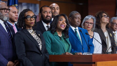 Representative Terri Sewell, Democrat of Alabama, is surrounded by members of the Congressional Black Caucus as they speak to reporters at the Capitol in Washington on Wednesday, April 29, 2026.
