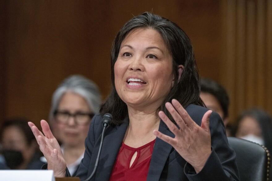 FILE - Julie Su speaks during a Senate Health, Education, Labor and Pensions confirmation hearing for her to be the Labor Secretary, on Capitol Hill, April 20, 2023, in Washington.