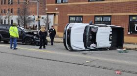 Buffalo police work a crash-scene involving a City of Buffalo vehicle Wednesday at Michigan Avenue and Swan Street