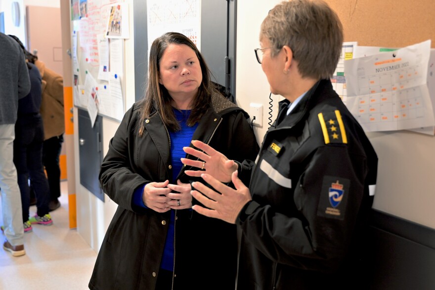 Warden Trina Sexton of York Correctional Institution, left, speaks with a Norwegian corrections officer while touring Bergen Prison in Norway, Nov. 2022. Sexton went to Norway with other Connecticut policy makers to learn how they could implement some of Norway’s incarceration methods at home.