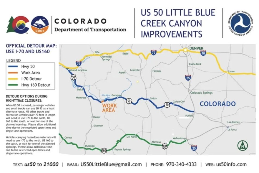 This map highlights the northern and southern detours for Highway 50 between Montrose and Gunnison. The same detours were used for commercial vehicles during closures for highway work in Little Blue Creek Canyon, just west of the now-closed bridge.