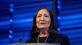 FILE - Interior Secretary Deb Haaland announces that her agency will work to restore more large bison herds during a speech for World Wildlife Day at the National Geographic Society in Washington, March 3, 2023. (AP Photo/Andrew Harnik, File)