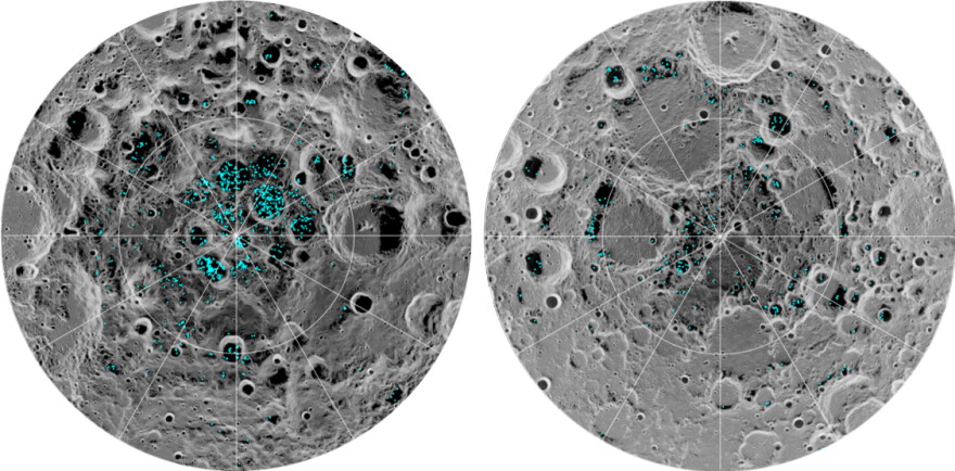 Depiction of water/ice at the moon's poles.