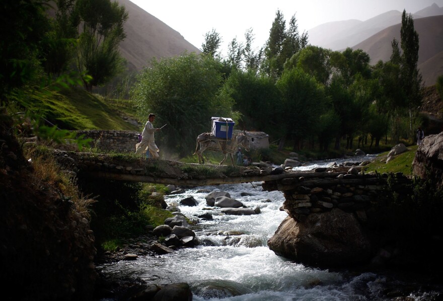 A boy and his donkey cross a stream while on their way to the village of Quali Kuana in Afghanistan's Badakhshan province.