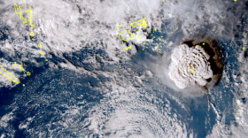 In this satellite image taken by Himawari-8, a Japanese weather satellite, and released by the agency, shows an undersea volcano eruption at the Pacific nation of Tonga Saturday, Jan. 15, 2022.