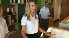 Trulieve CEO Kim Rivers speaking with reporters at the opening of Trulieve's Tallahassee dispensary (2017)