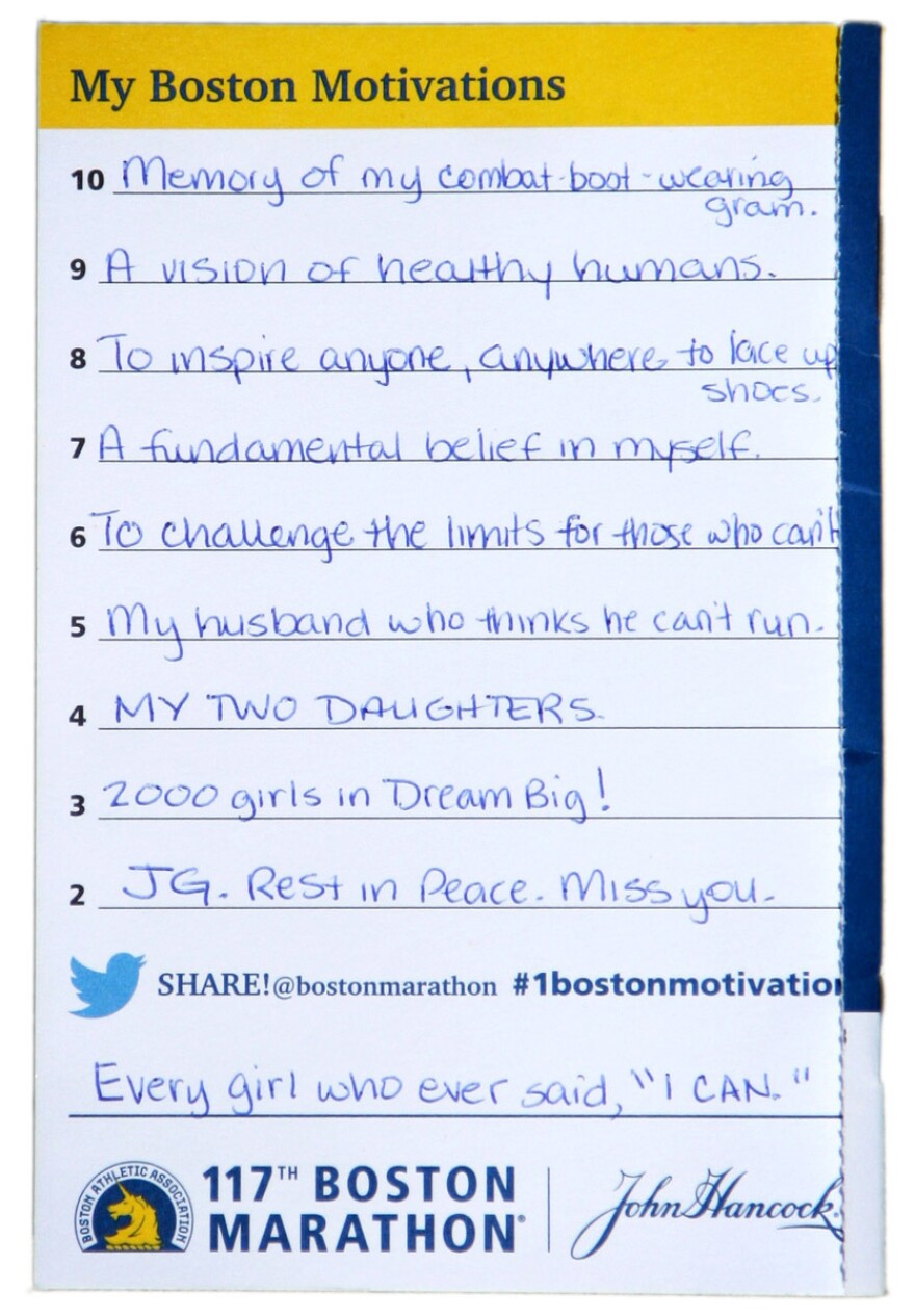 Demi Clark's handwritten list of motivations from last year's Boston Marathon.