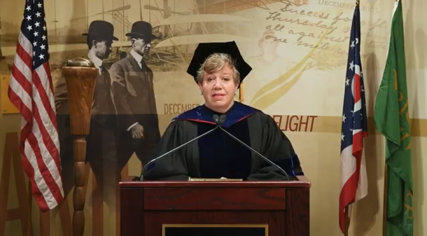 Professor Laura Lehrman addressed Wright State graduates.