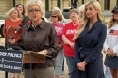 Cindy Bailey, left, wife of Republican governor candidate Darren Bailey, speaks at a news conference outside the Illinois Capitol alongside conservative activist Kristina McCloy on Tuesday, Oct. 27, 2026.