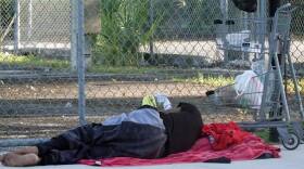 A person lies sleeping on a sidewalk under a red blanket next to a shopping cart, with a chain-link fence and grassy area in the background.