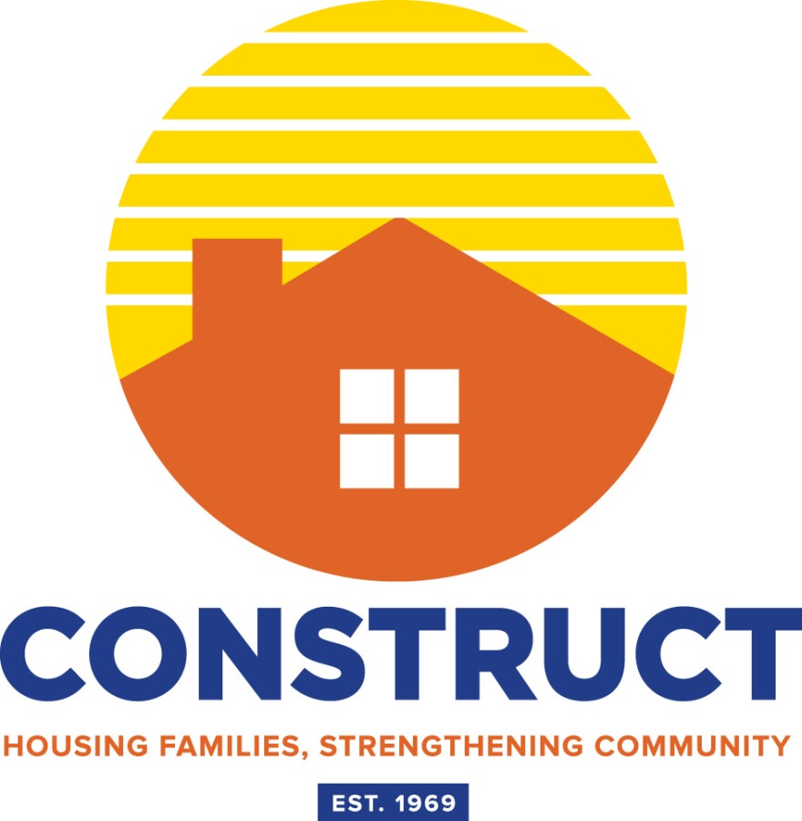 The Construct logo is an orange house against a series of yellow lines with "Construct" and "Housing families, strengthening communities Est. 1969" below it