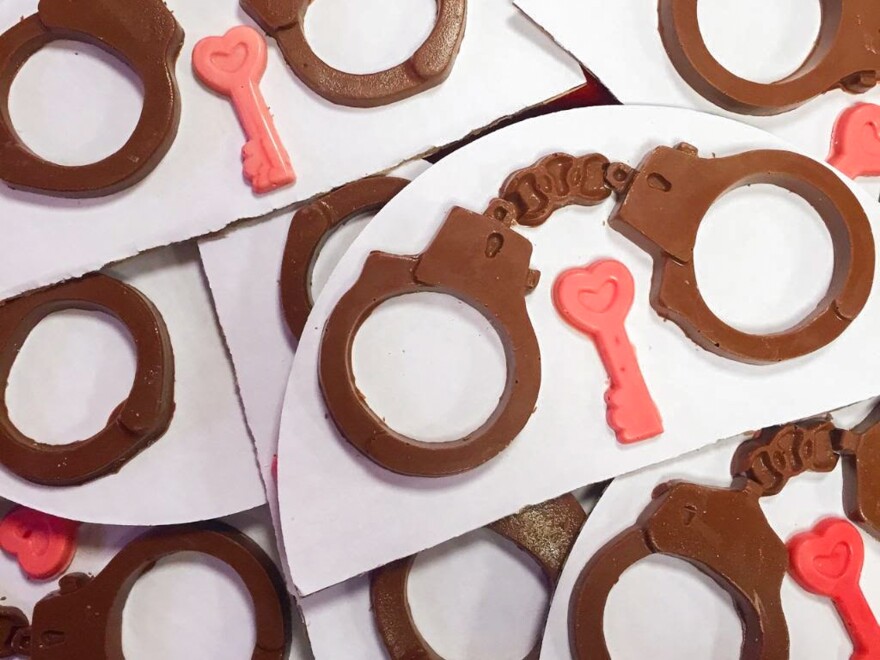 Sweet n' Nasty molds hundreds of adult chocolates in house, including these handcuffs and keys — which are used to top bachelorettes' cakes or sold on their own with the phrase, "Eat your way out!"