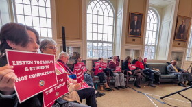 Members of the Connecticut State University American Association of University Professors demonstrate at a state Board of Regents meeting at Central Connecticut State University in New Britain on Thursday, Dec. 5, 2024.