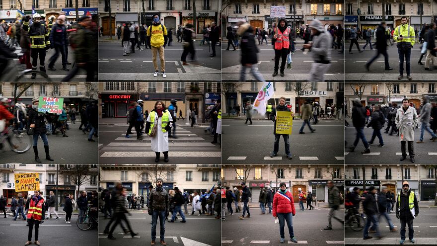 This collage of photographs depicts a slew of demonstrators who turned out Thursday to protest the pension reforms proposed by the French government. Their group pictured includes educators, firefighters, government employees and transportation workers.