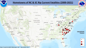 A map of the hometowns of those who died from rip currents off the coasts of North Carolina and South Carolina.