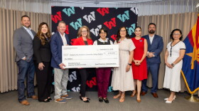 Representatives from the U.S. Small Business Administration presented AWC with a $5M check Monday, Sept. 21. Pictured here, left to right: SBA District Director Corey Wunderlich, AWC Dean of CTE and Nursing Programs Cinthia Reyes, U.S. Rep. Paul Gosar, SBA Associate Administrator Lisa Shimkat, AWC President Dr. Reetika Dhawan, AWC District Governing Board Member Olivia Zepeda, AWC Small Business Development Center Director Crystal Mendoza, AWC Entrepreneurial College Executive Vice President Dr. Shadi Kilani, and AWC Dean of Healthcare Programs Joann Chang.