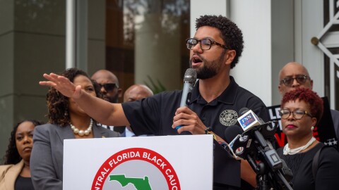 U.S. Rep. Maxwell Frost, a Democrat representing Orlando in Florida's 10th congressional district, speaks in front of Orlando City Hall during a press conference for the Central Florida Black Caucus of Local Elected Officials.