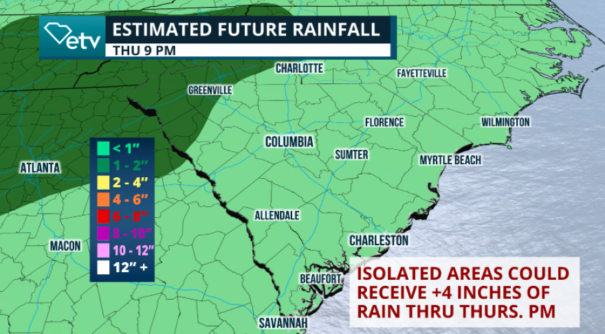 Showers will be intermittent, and rainfall through Thursday night will still be present. Our model shows overall amounts less of an inch, but keep in mind that there could be some heavier showers that could produce locally higher rainfall.