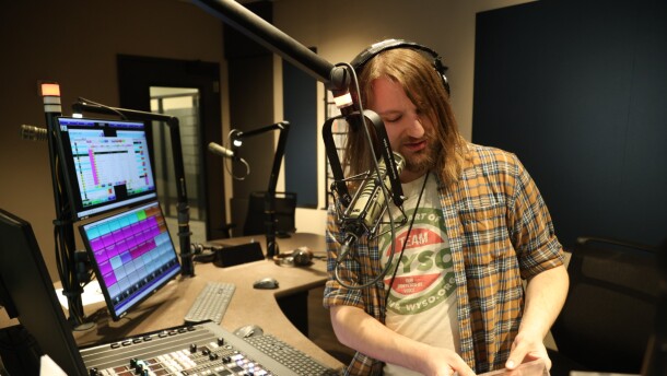 Evan Miller pictured at the new WYSO studio at the Union Schoolhouse.