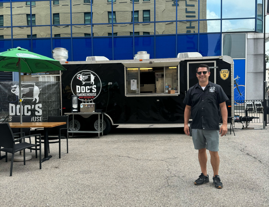 Doc's Smokehouse's makeshift beer garden sits empty during weekday lunch rush on Tuesday.