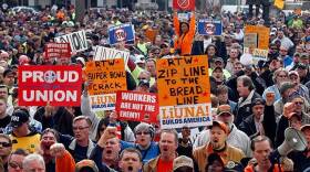 Union protestors gathered outside the Statehouse after the Senate voted to pass the right-to-work bill on Feb. 1, 2012.