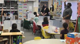 Creekside Park Elementary School kindergarten teacher Rihana Gay conducts her first in-person class on Jan. 20, 2021 since the pandemic reached Anchorage in March 2020. (Mayowa Aina/Alaska Public Media)