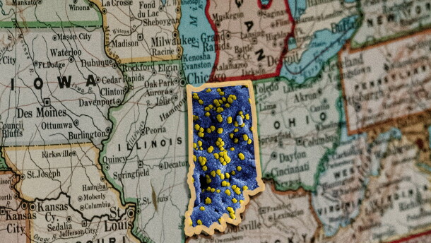 A digitally edited image showcasing a virus pattern over top Indiana on a map of the region.